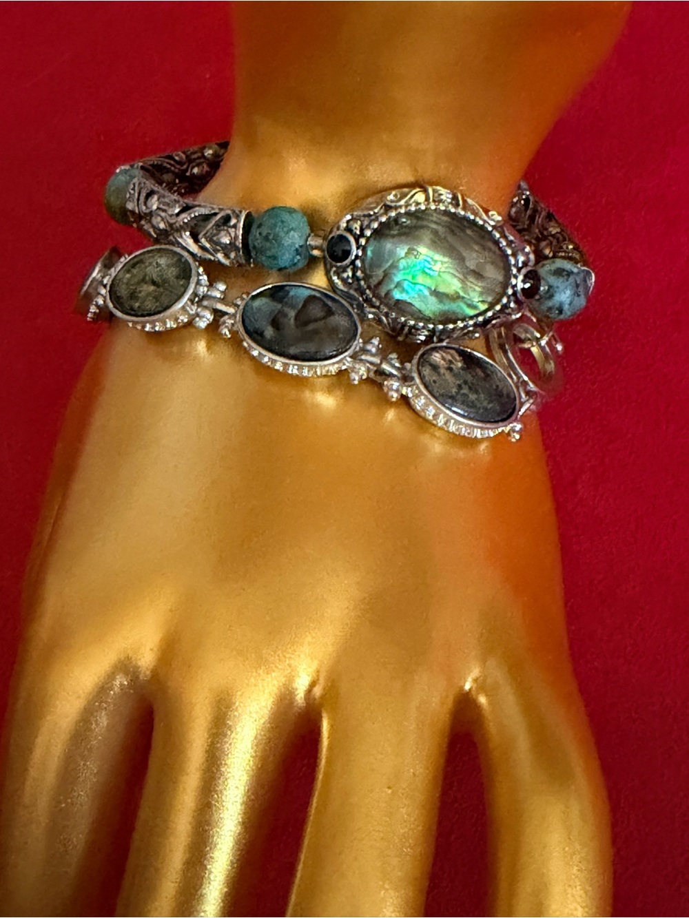 Silver Tone Labradorite and Turquoise Stackable Bracelet - Blue Green